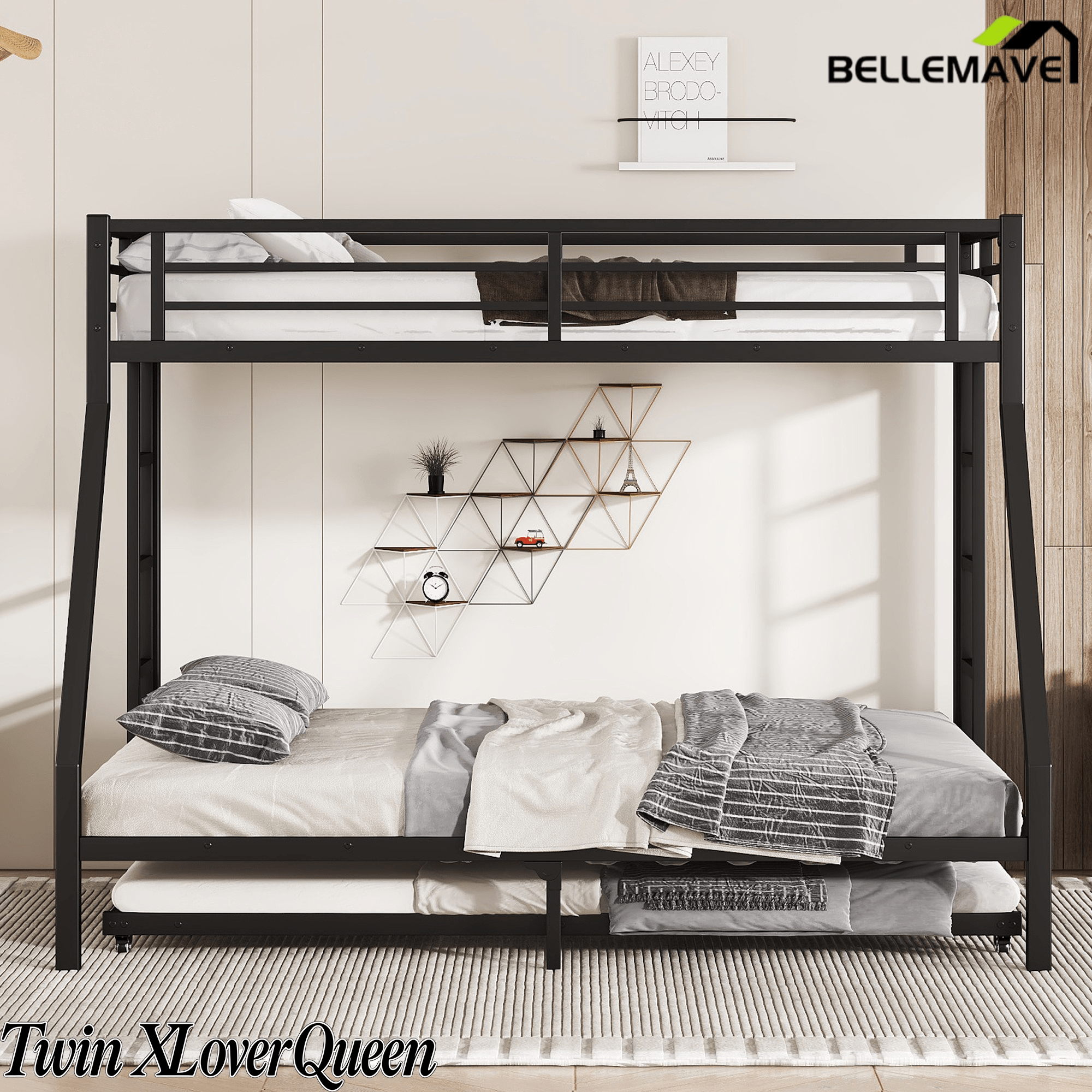 Bellemave® Twin XL over Queen Metal Bunk Bed with Trundle for Kids, Teens & Adults, Black - Bellemave
