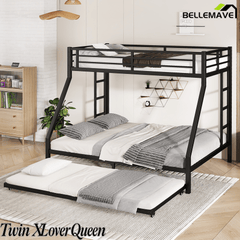Bellemave® Twin XL over Queen Metal Bunk Bed with Trundle for Kids, Teens & Adults, Black - Bellemave