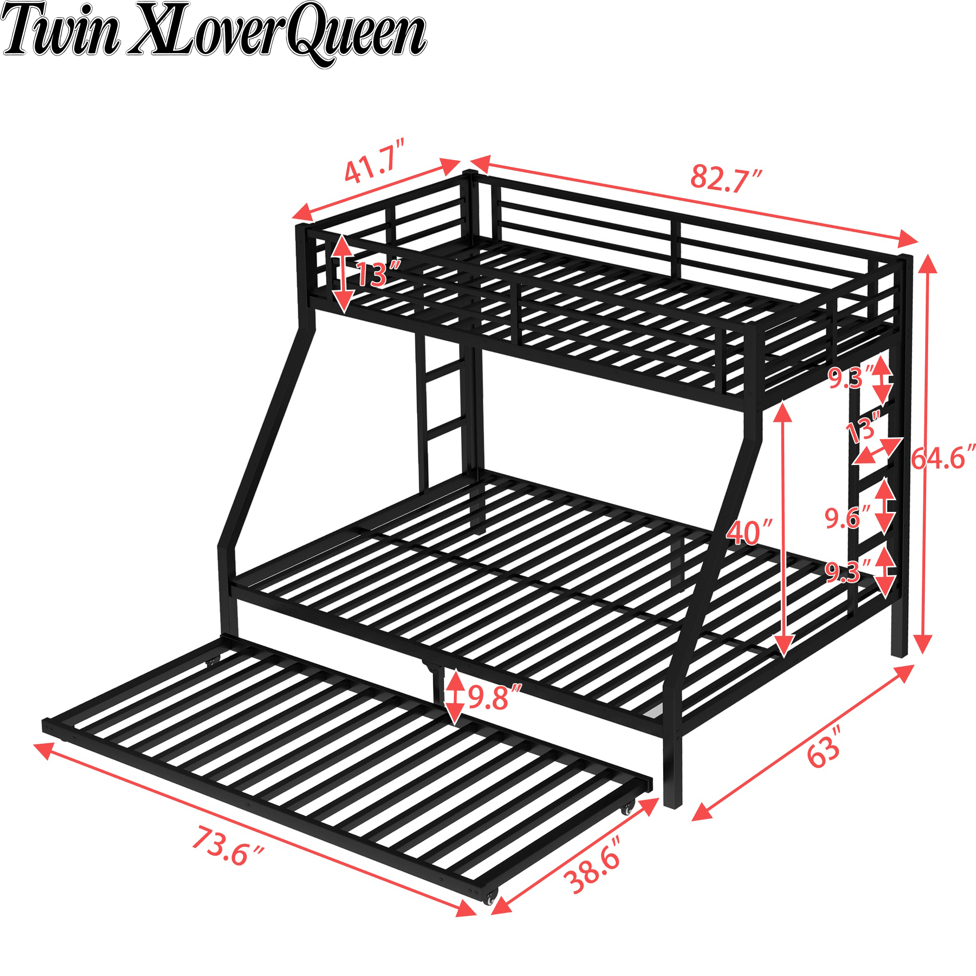 Bellemave® Twin XL over Queen Metal Bunk Bed with Trundle for Kids, Teens & Adults, Black - Bellemave