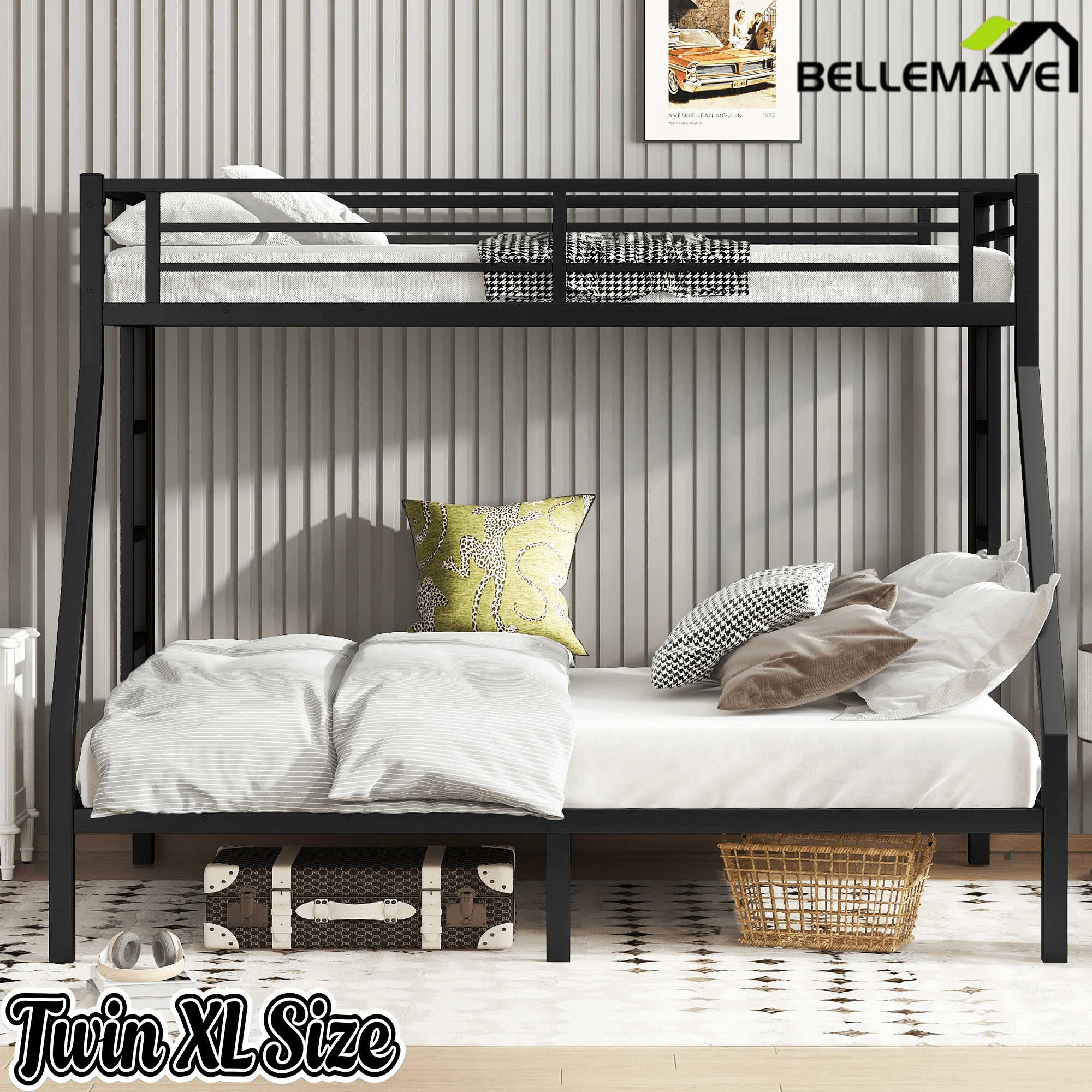Bellemave® Twin XL over Queen Metal Bunk Beds with Guardrails, Ladders & Under - bed Storage for Kids Teens Adults, Space - saving/Noise - reduce, White - Bellemave