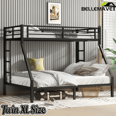 Bellemave® Twin XL over Queen Metal Bunk Beds with Guardrails, Ladders & Under - bed Storage for Kids Teens Adults, Space - saving/Noise - reduce, White - Bellemave