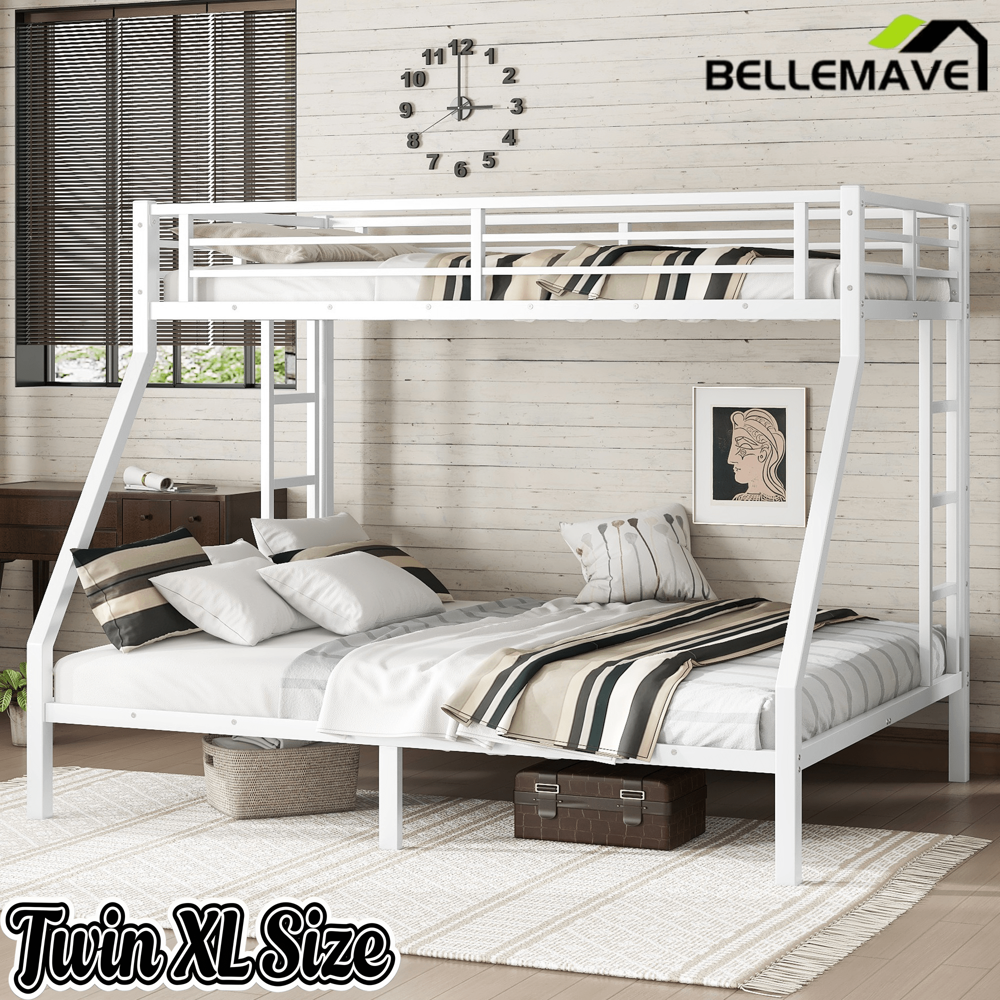 Bellemave® Twin XL over Queen Metal Bunk Beds with Guardrails, Ladders & Under - bed Storage for Kids Teens Adults, Space - saving/Noise - reduce, White - Bellemave