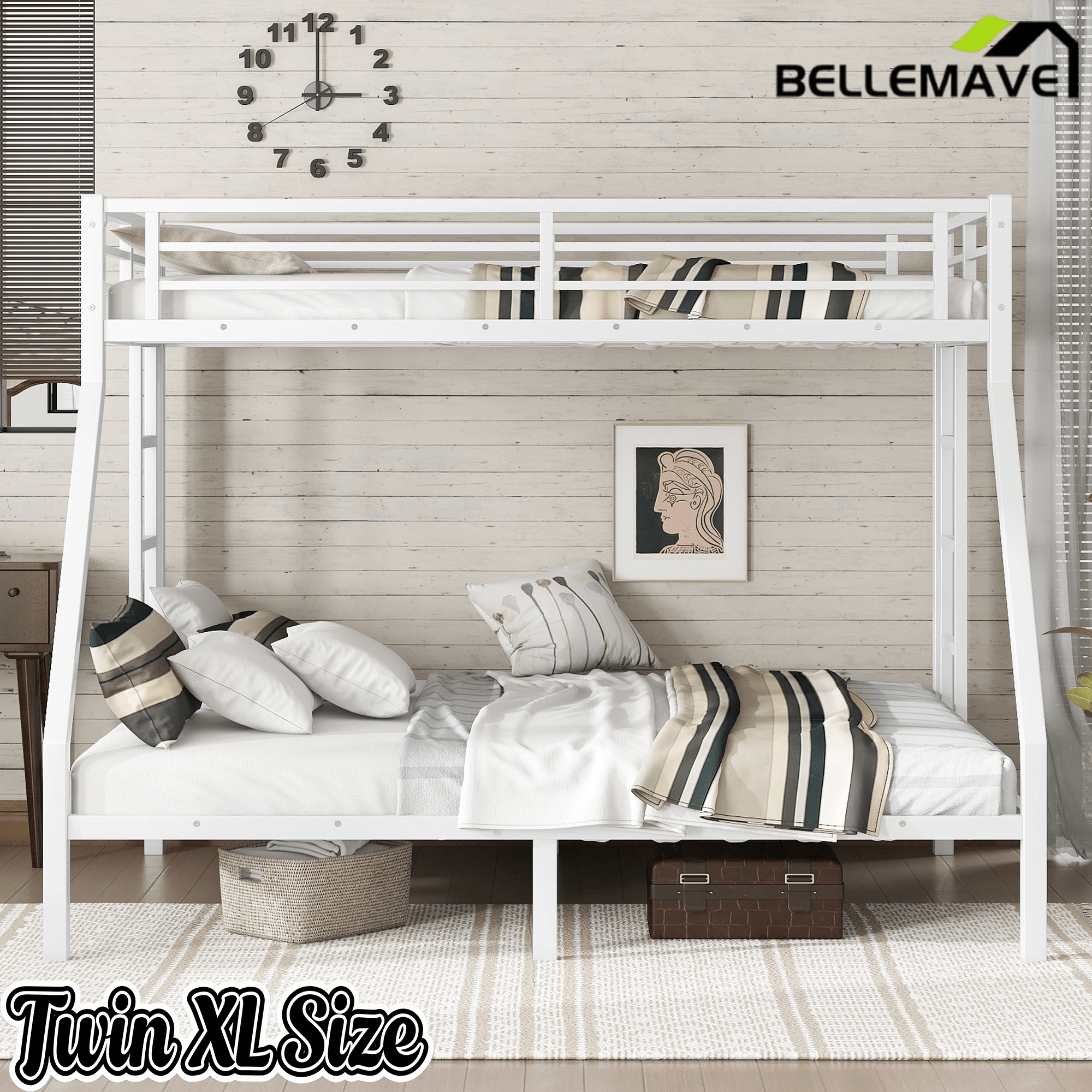 Bellemave® Twin XL over Queen Metal Bunk Beds with Guardrails, Ladders & Under - bed Storage for Kids Teens Adults, Space - saving/Noise - reduce, White - Bellemave