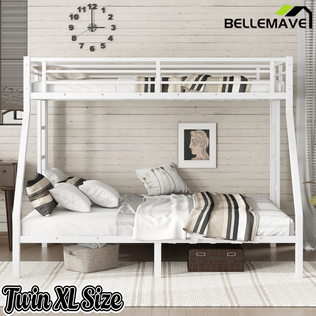 Bellemave® Twin XL over Queen Metal Bunk Beds with Guardrails, Ladders & Under - bed Storage for Kids Teens Adults, Space - saving/Noise - reduce, White - Bellemave