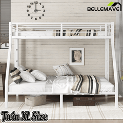 Bellemave® Twin XL over Queen Metal Bunk Beds with Guardrails, Ladders & Under - bed Storage for Kids Teens Adults, Space - saving/Noise - reduce, White - Bellemave