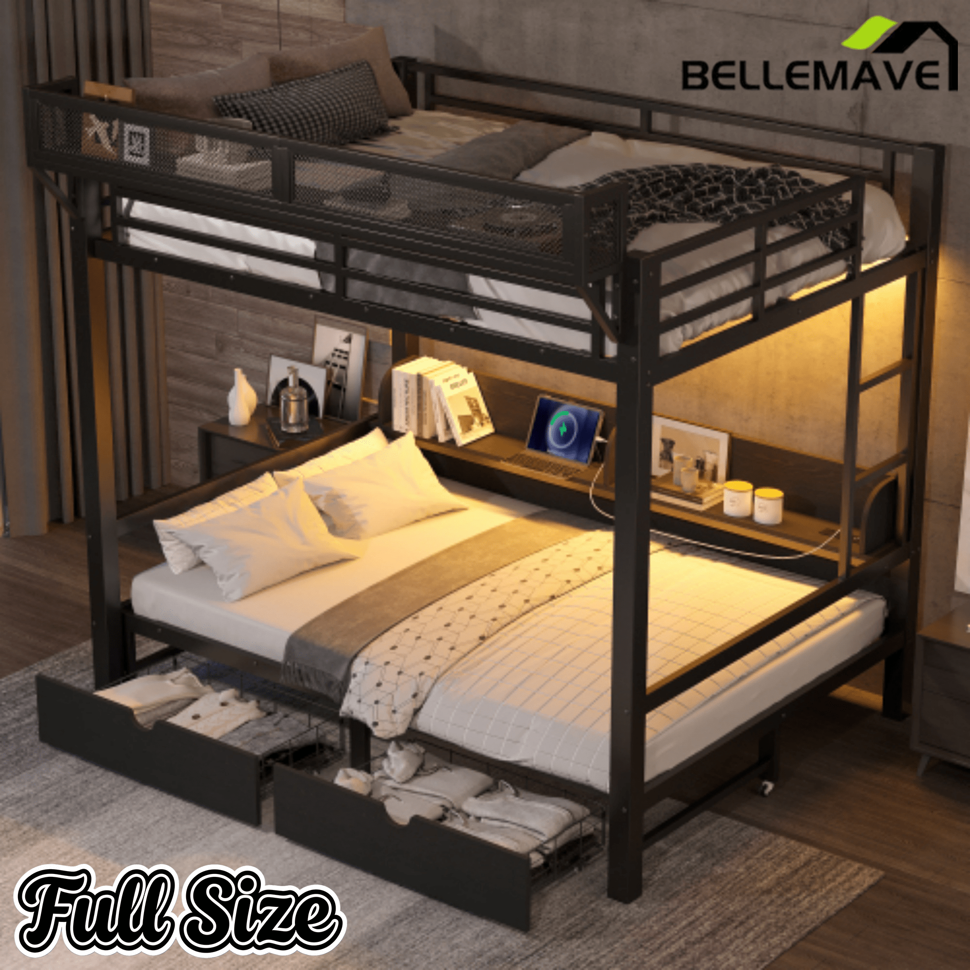 Bellemave® Twin XL Over Twin XL Bunk Bed Frame with Storage Shelves & Drawers, Metal Bunk Bed Twin Over Twin with Charging Station & LED Lights, Beds Frame Convertible to Sofa, Black - Bellemave