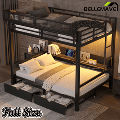 Bellemave® Twin XL Over Twin XL Bunk Bed Frame with Storage Shelves & Drawers, Metal Bunk Bed Twin Over Twin with Charging Station & LED Lights, Beds Frame Convertible to Sofa, Black - Bellemave