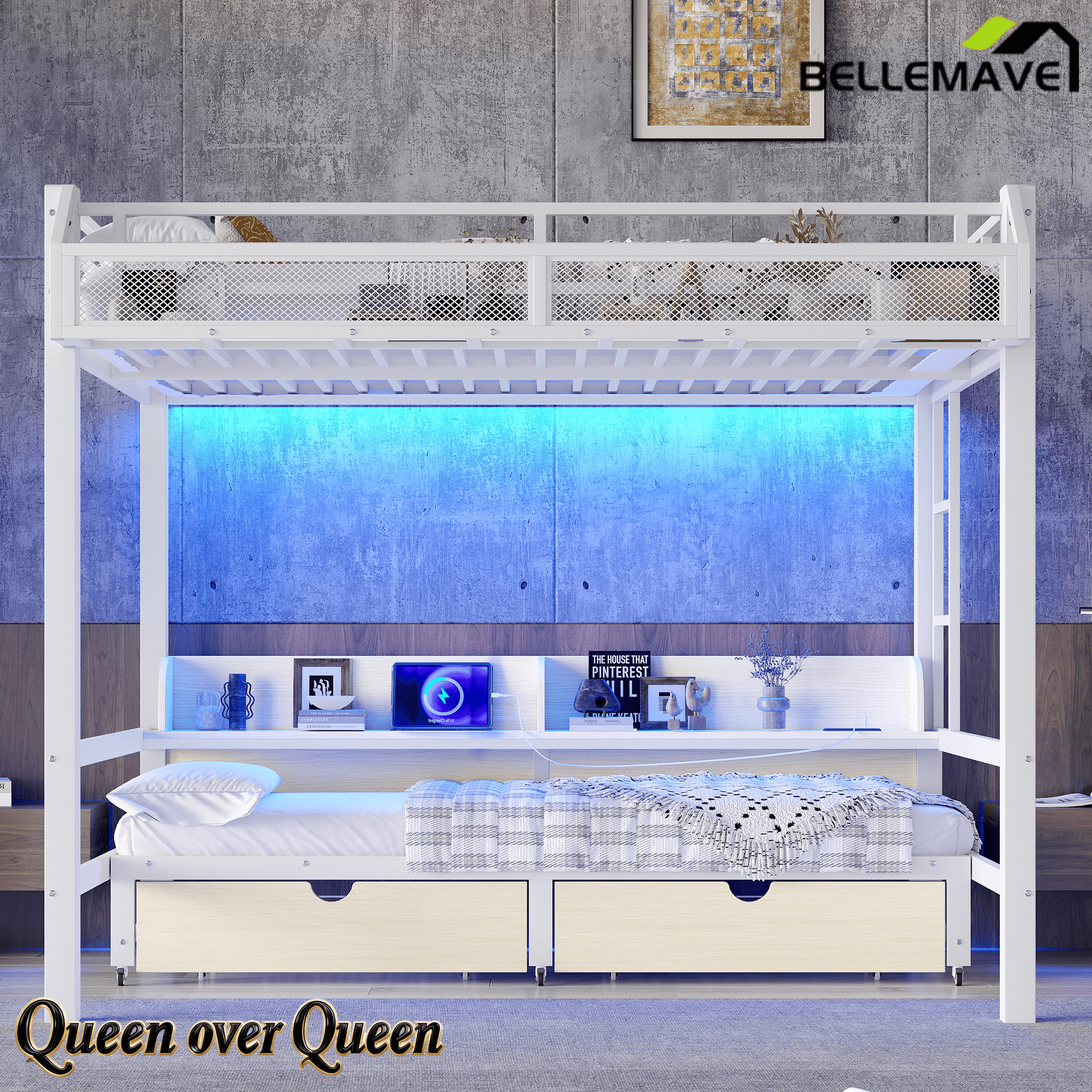 Bellemave® Twin XL Over Twin XL Bunk Bed Frame with Storage Shelves & Drawers, Metal Bunk Bed Twin Over Twin with Charging Station & LED Lights, Beds Frame Convertible to Sofa, Black - Bellemave