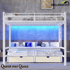 Bellemave® Twin XL Over Twin XL Bunk Bed Frame with Storage Shelves & Drawers, Metal Bunk Bed Twin Over Twin with Charging Station & LED Lights, Beds Frame Convertible to Sofa, Black - Bellemave