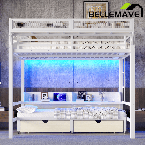 Bellemave® Twin XL Over Twin XL Bunk Bed Frame with Storage Shelves & Drawers, Metal Bunk Bed Twin Over Twin with Charging Station & LED Lights, Beds Frame Convertible to Sofa, Black - Bellemave