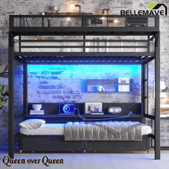 Bellemave® Twin XL Over Twin XL Bunk Bed Frame with Storage Shelves & Drawers, Metal Bunk Bed Twin Over Twin with Charging Station & LED Lights, Beds Frame Convertible to Sofa, Black - Bellemave
