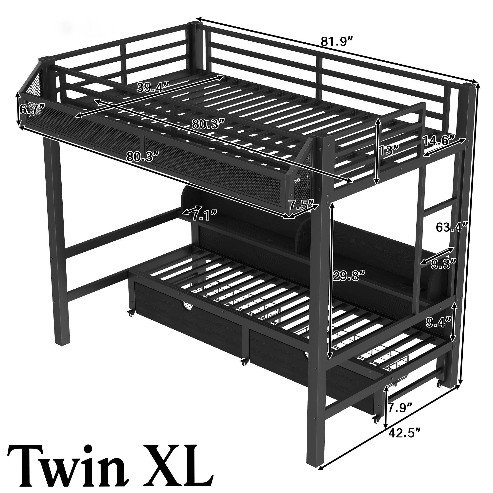 Bellemave® Twin XL Over Twin XL Bunk Bed Frame with Storage Shelves & Drawers, Metal Bunk Bed Twin Over Twin with Charging Station & LED Lights, Beds Frame Convertible to Sofa, Black - Bellemave
