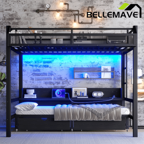 Bellemave® Twin XL Over Twin XL Bunk Bed Frame with Storage Shelves & Drawers, Metal Bunk Bed Twin Over Twin with Charging Station & LED Lights, Beds Frame Convertible to Sofa, Black - Bellemave