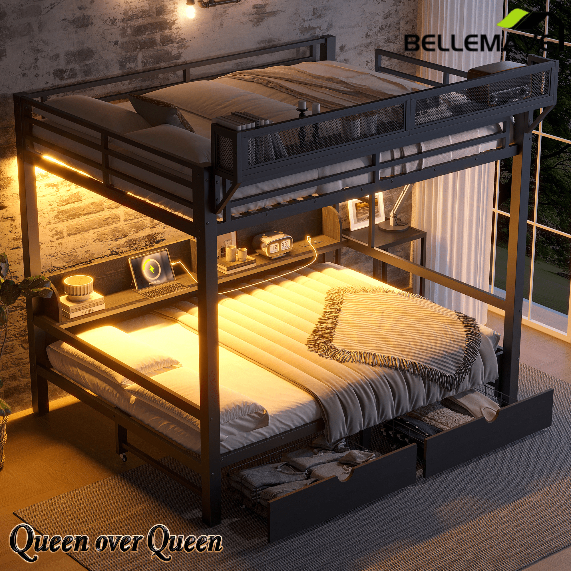 Bellemave® Twin XL Over Twin XL Bunk Bed Frame with Storage Shelves & Drawers, Metal Bunk Bed Twin Over Twin with Charging Station & LED Lights, Beds Frame Convertible to Sofa, Black - Bellemave