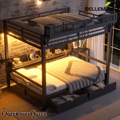 Bellemave® Twin XL Over Twin XL Bunk Bed Frame with Storage Shelves & Drawers, Metal Bunk Bed Twin Over Twin with Charging Station & LED Lights, Beds Frame Convertible to Sofa, Black - Bellemave