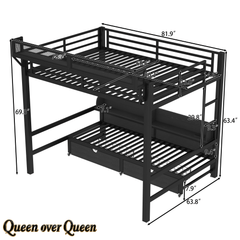 Bellemave® Twin XL Over Twin XL Bunk Bed Frame with Storage Shelves & Drawers, Metal Bunk Bed Twin Over Twin with Charging Station & LED Lights, Beds Frame Convertible to Sofa, Black - Bellemave