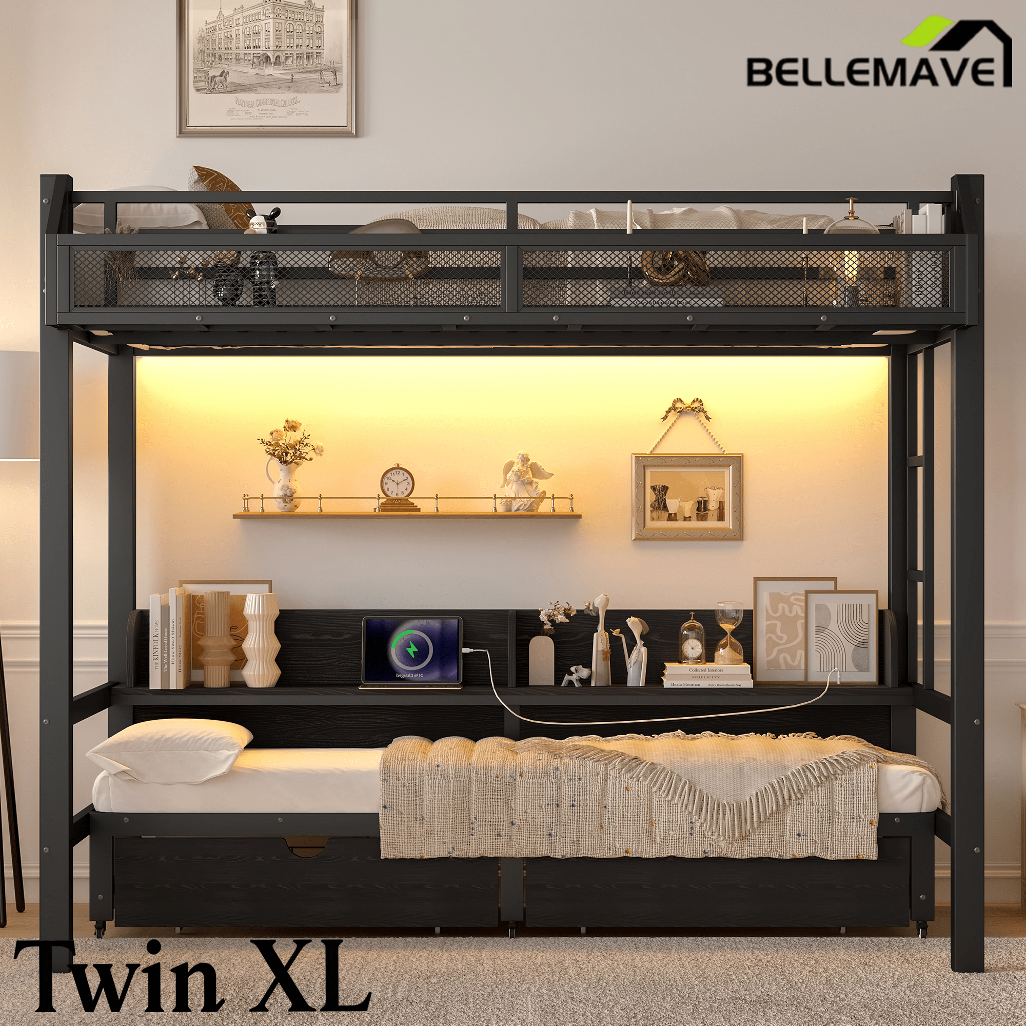Bellemave® Twin XL Over Twin XL Bunk Bed Frame with Storage Shelves & Drawers, Metal Bunk Bed Twin Over Twin with Charging Station & LED Lights, Beds Frame Convertible to Sofa, Black - Bellemave