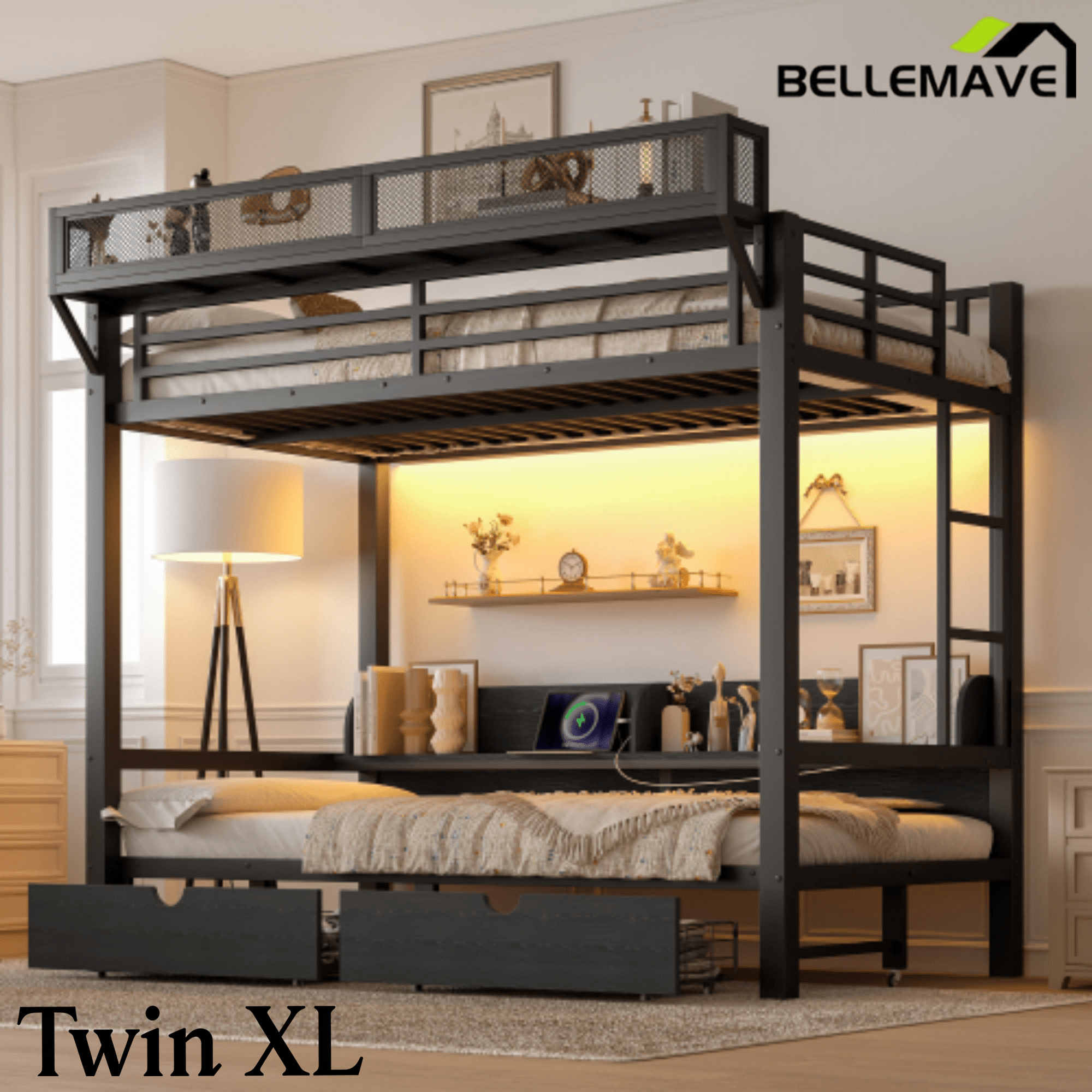 Bellemave® Twin XL Over Twin XL Bunk Bed Frame with Storage Shelves & Drawers, Metal Bunk Bed Twin Over Twin with Charging Station & LED Lights, Beds Frame Convertible to Sofa, Black - Bellemave