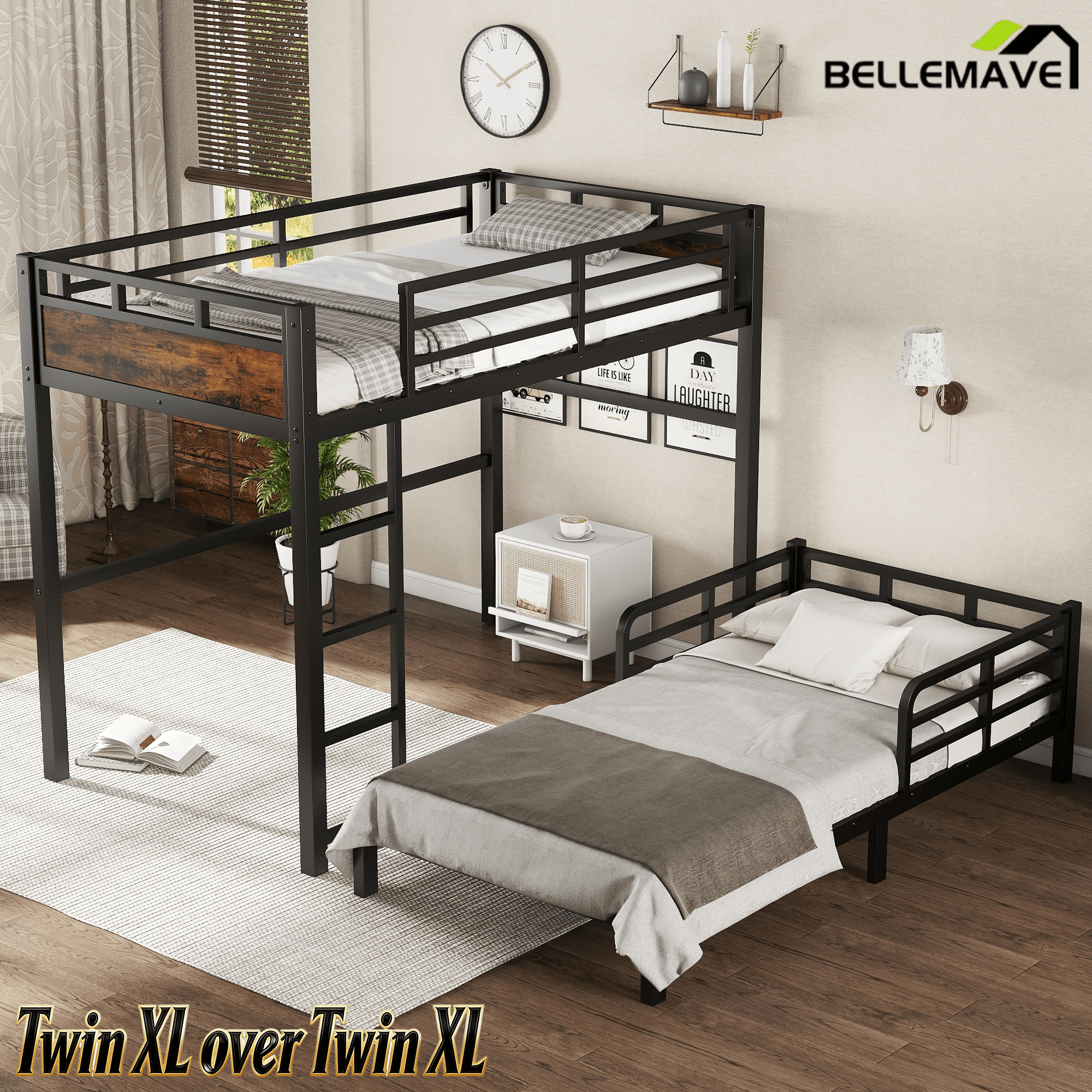 Bellemave® Twin XL Over Twin XL Bunk Bed with Headboard and Full Length Guardrail, Separable Heavy Duty Bunk Bed, Black - Bellemave