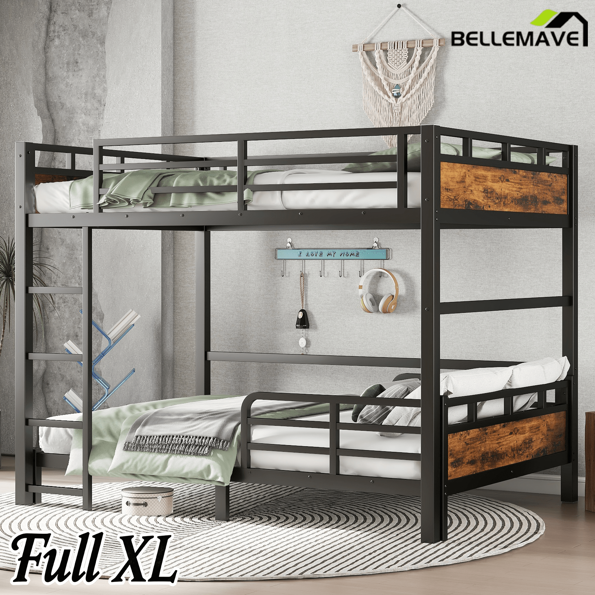 Bellemave® Twin XL Over Twin XL Bunk Bed with Headboard and Full Length Guardrail, Separable Heavy Duty Bunk Bed, Black - Bellemave