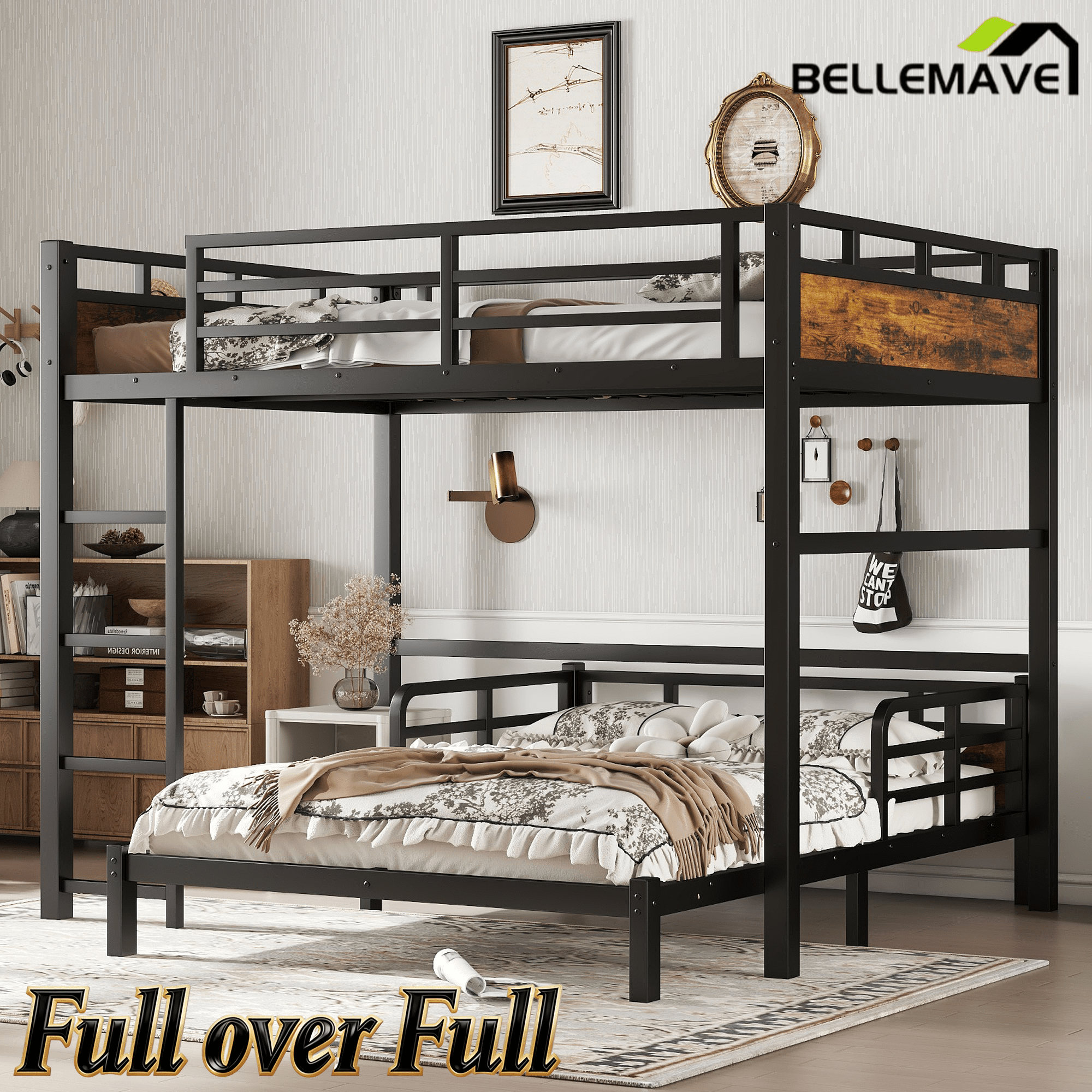Bellemave® Twin XL Over Twin XL Bunk Bed with Headboard and Full Length Guardrail, Separable Heavy Duty Bunk Bed, Black - Bellemave