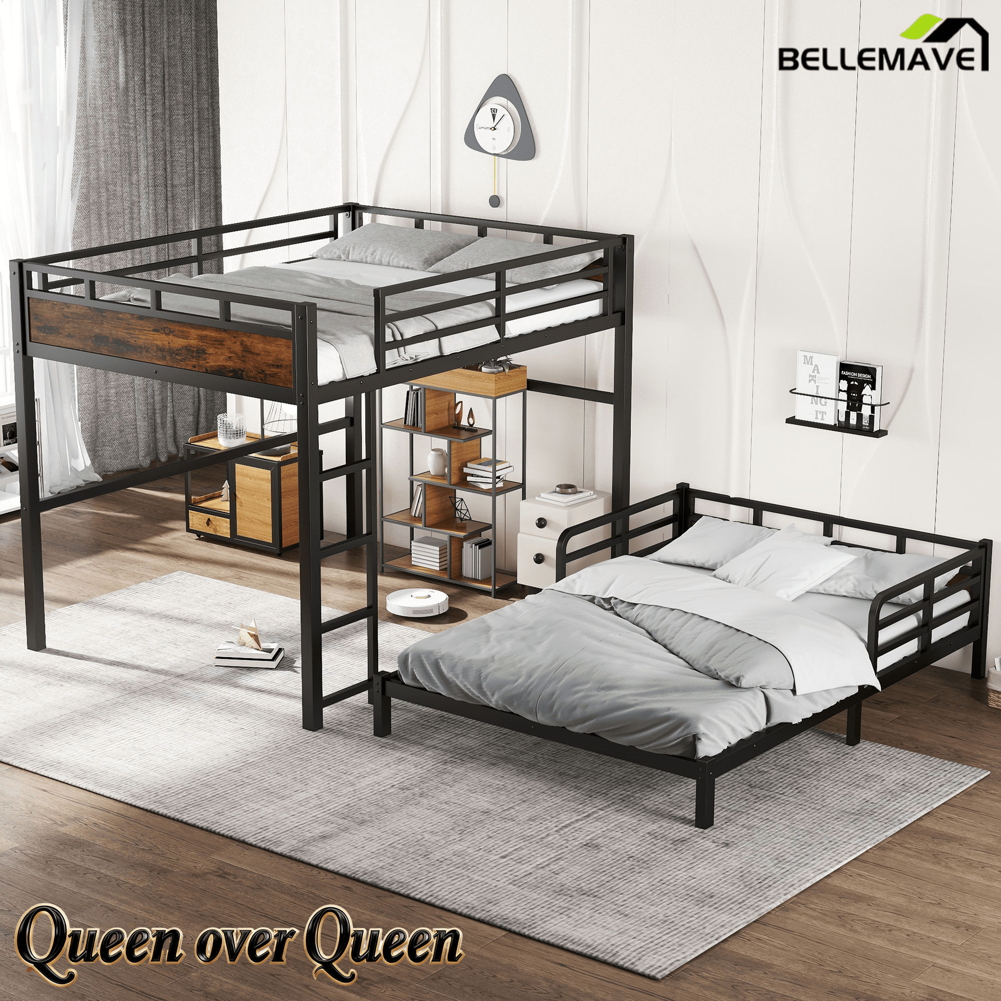 Bellemave® Twin XL Over Twin XL Bunk Bed with Headboard and Full Length Guardrail, Separable Heavy Duty Bunk Bed, Black - Bellemave