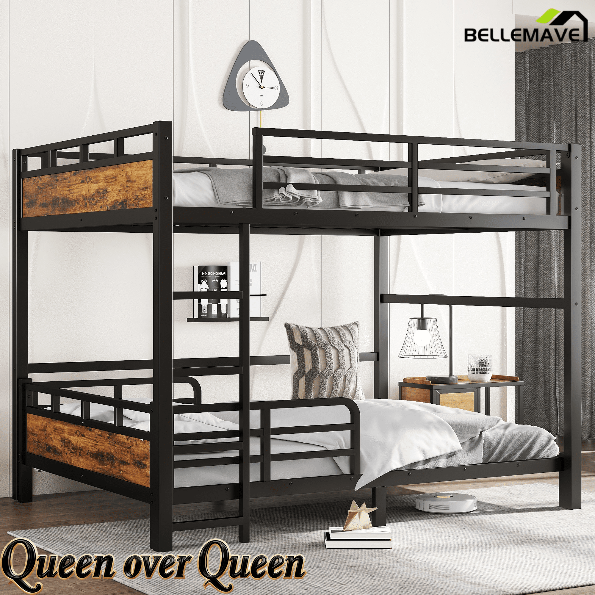 Bellemave® Twin XL Over Twin XL Bunk Bed with Headboard and Full Length Guardrail, Separable Heavy Duty Bunk Bed, Black - Bellemave