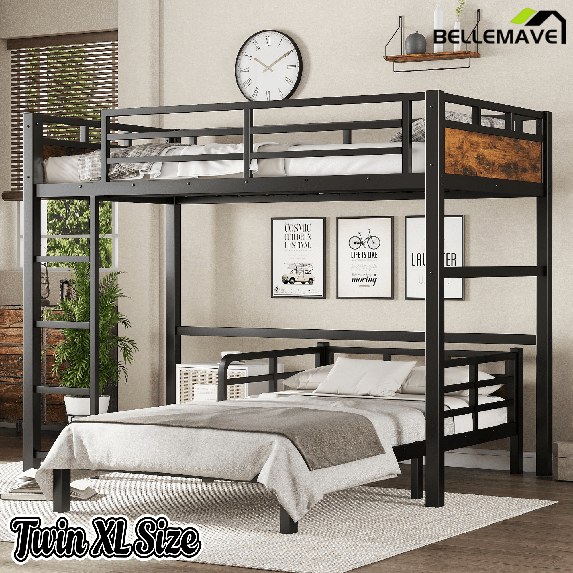 Bellemave® Twin XL Over Twin XL Bunk Bed with Headboard and Full Length Guardrail, Separable Heavy Duty Bunk Bed, Black - Bellemave