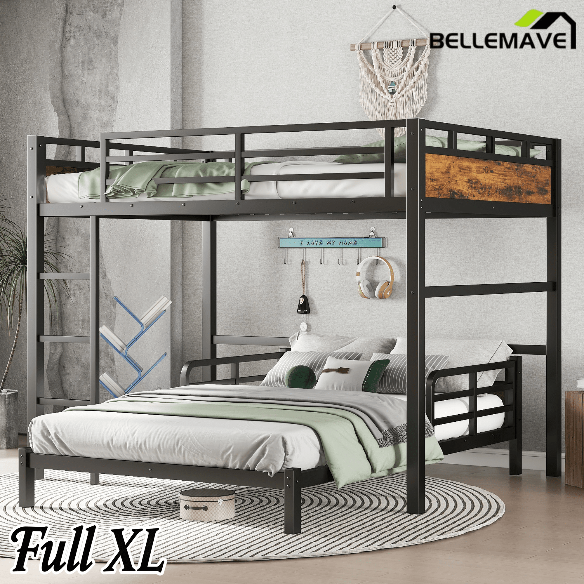 Bellemave® Twin XL Over Twin XL Bunk Bed with Headboard and Full Length Guardrail, Separable Heavy Duty Bunk Bed, Black - Bellemave