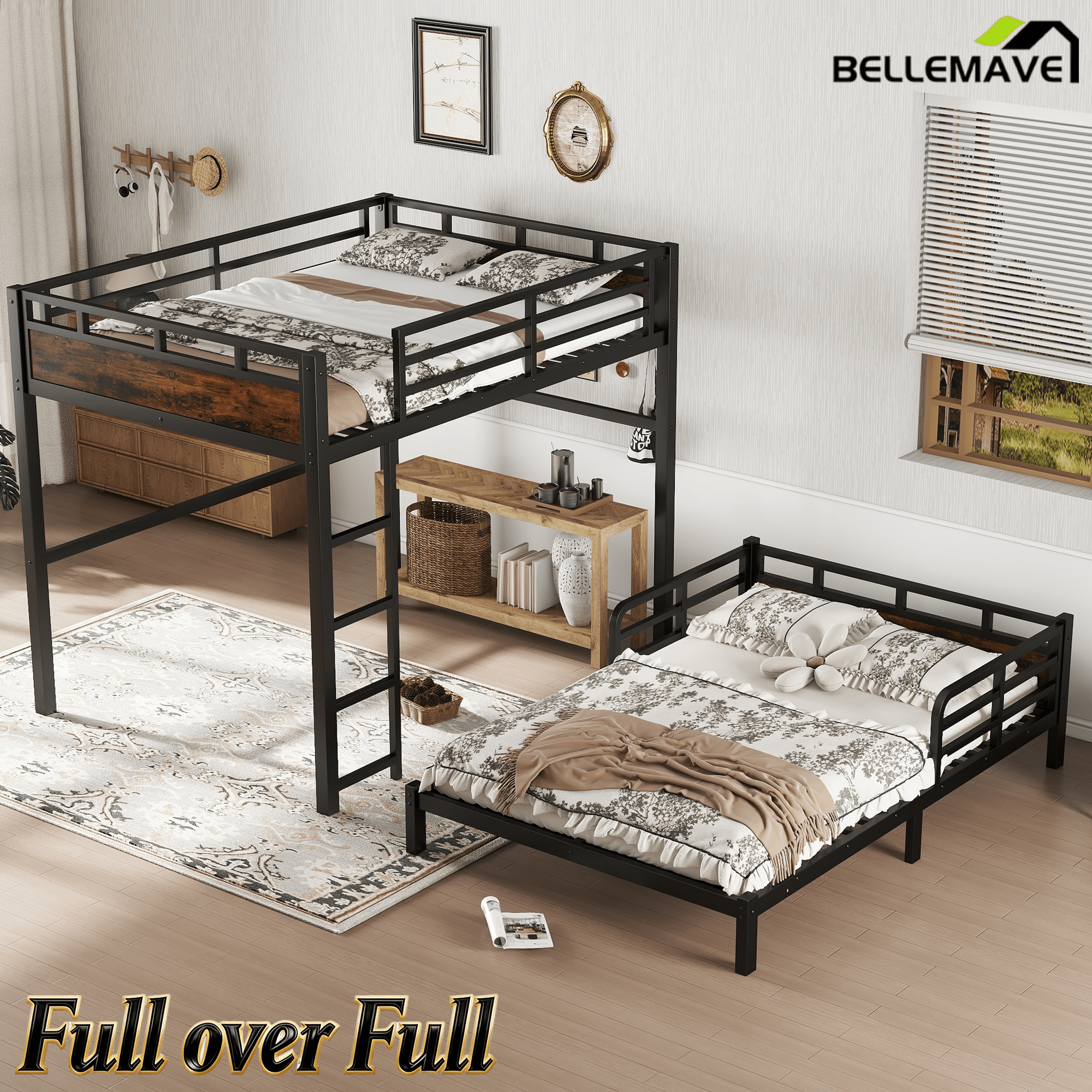 Bellemave® Twin XL Over Twin XL Bunk Bed with Headboard and Full Length Guardrail, Separable Heavy Duty Bunk Bed, Black - Bellemave