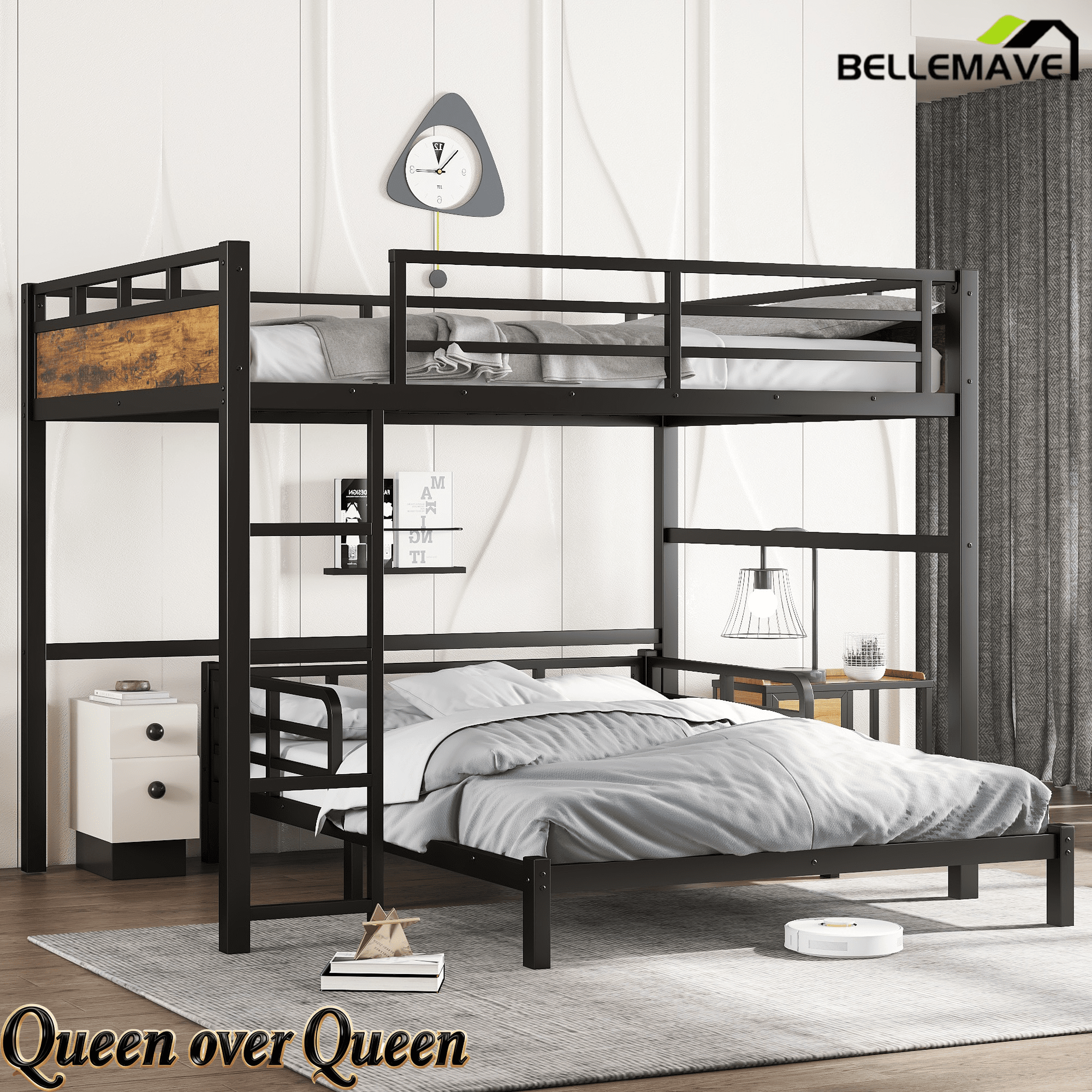 Bellemave® Twin XL Over Twin XL Bunk Bed with Headboard and Full Length Guardrail, Separable Heavy Duty Bunk Bed, Black - Bellemave