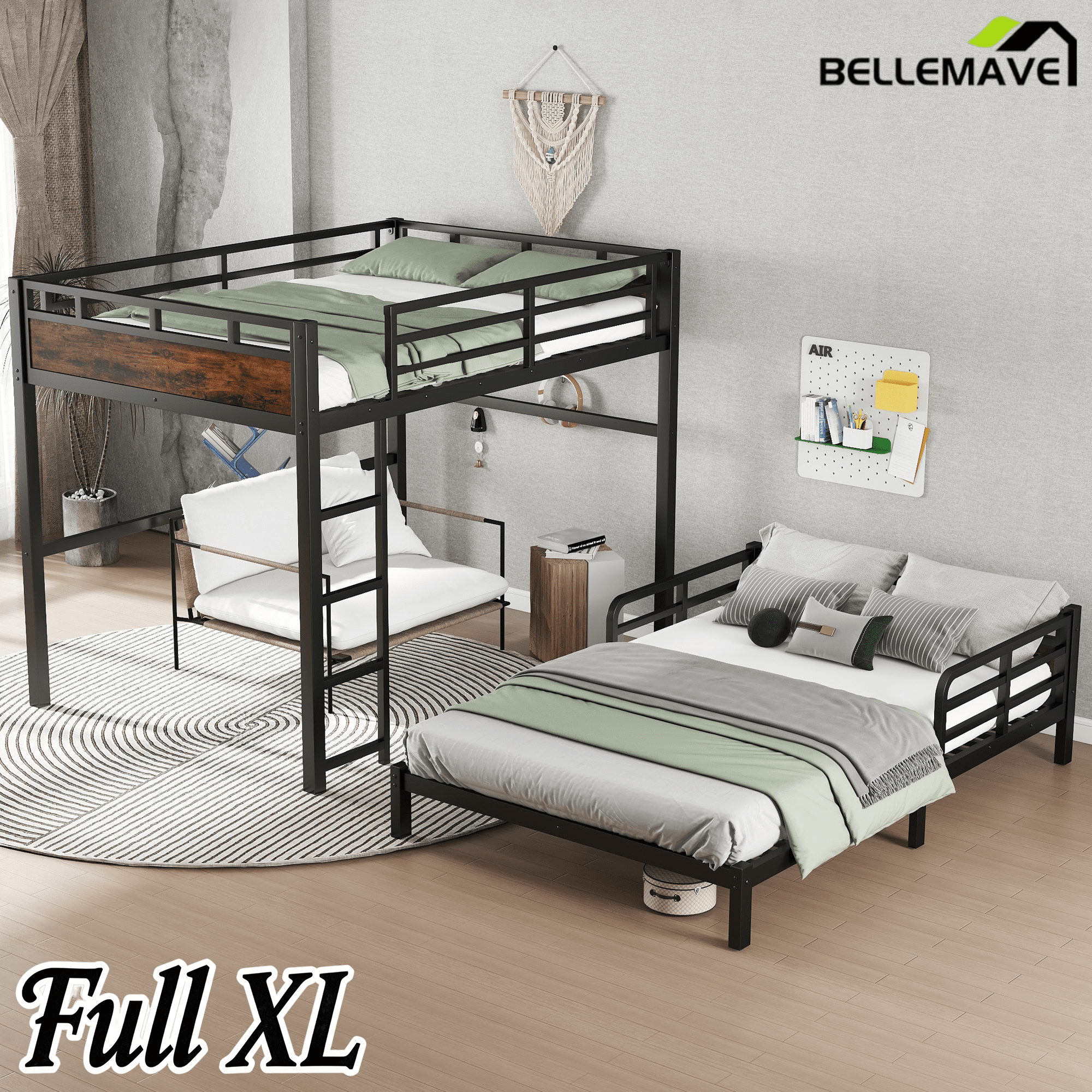 Bellemave® Twin XL Over Twin XL Bunk Bed with Headboard and Full Length Guardrail, Separable Heavy Duty Bunk Bed, Black - Bellemave