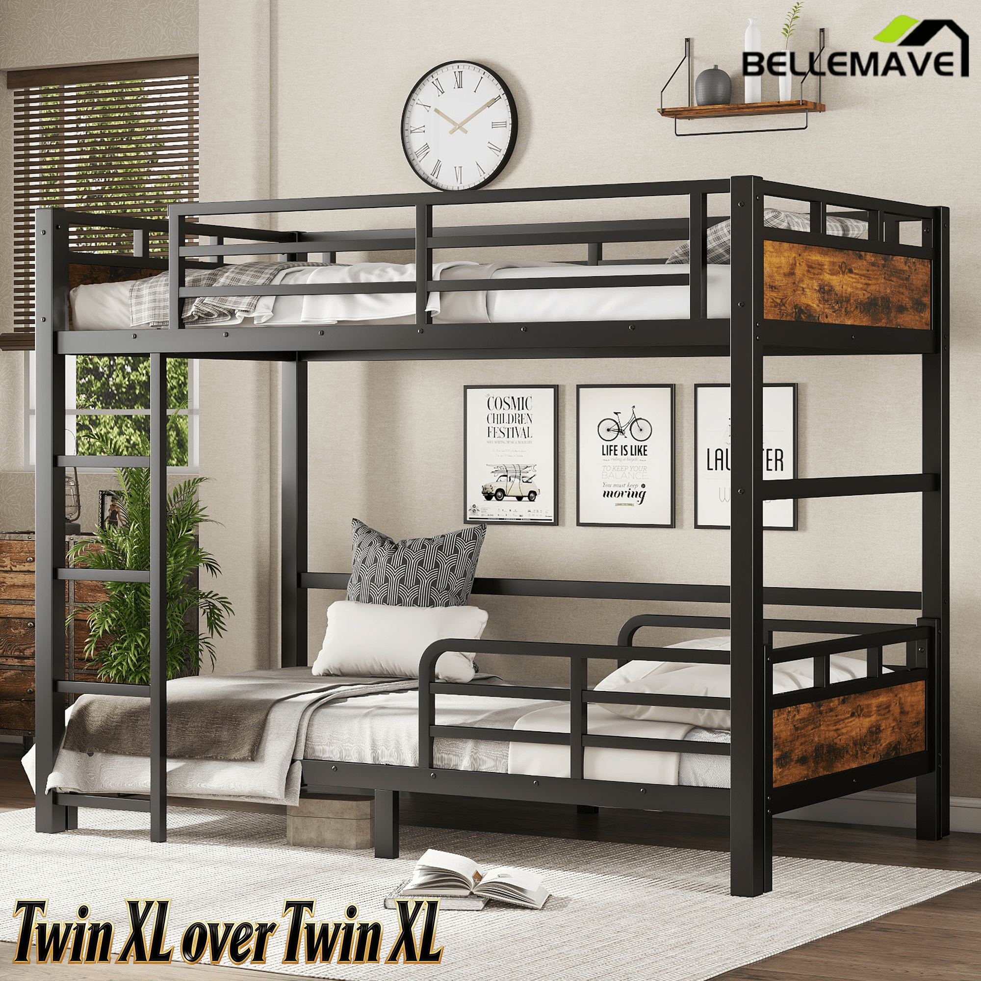 Bellemave® Twin XL Over Twin XL Bunk Bed with Headboard and Full Length Guardrail, Separable Heavy Duty Bunk Bed, Black - Bellemave
