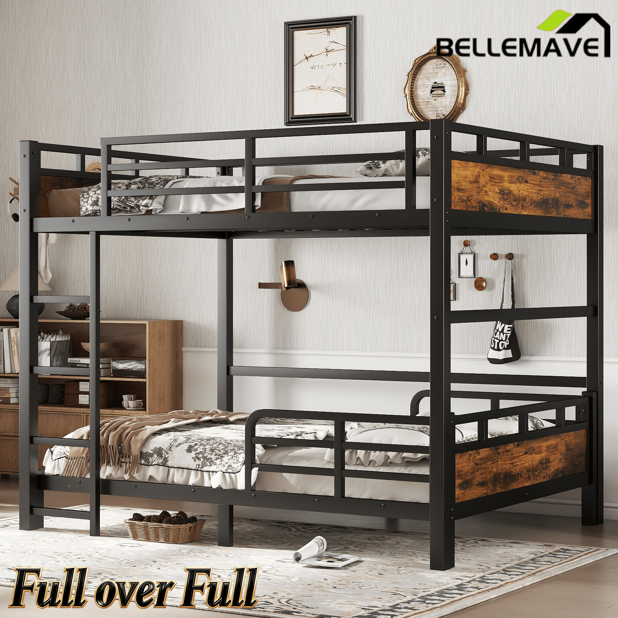Bellemave® Twin XL Over Twin XL Bunk Bed with Headboard and Full Length Guardrail, Separable Heavy Duty Bunk Bed, Black - Bellemave