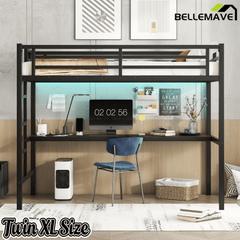 Bellemave® Twin XL Size Loft Bed with Desk, LED Lights,Charging Station, Twin XL Metal Loft Bed Frame for Adults, Kids, Teens, Black - Bellemave