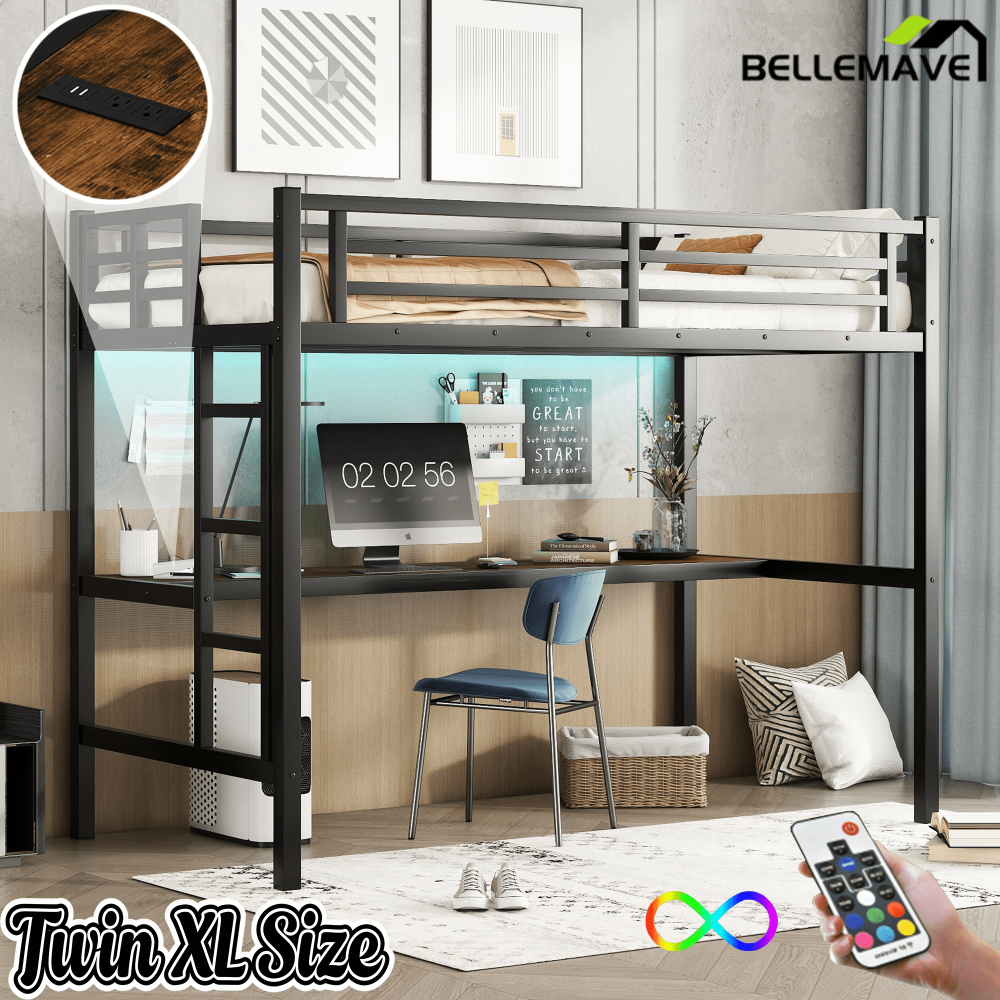 Bellemave® Twin XL Size Loft Bed with Desk, LED Lights,Charging Station, Twin XL Metal Loft Bed Frame for Adults, Kids, Teens, Black - Bellemave
