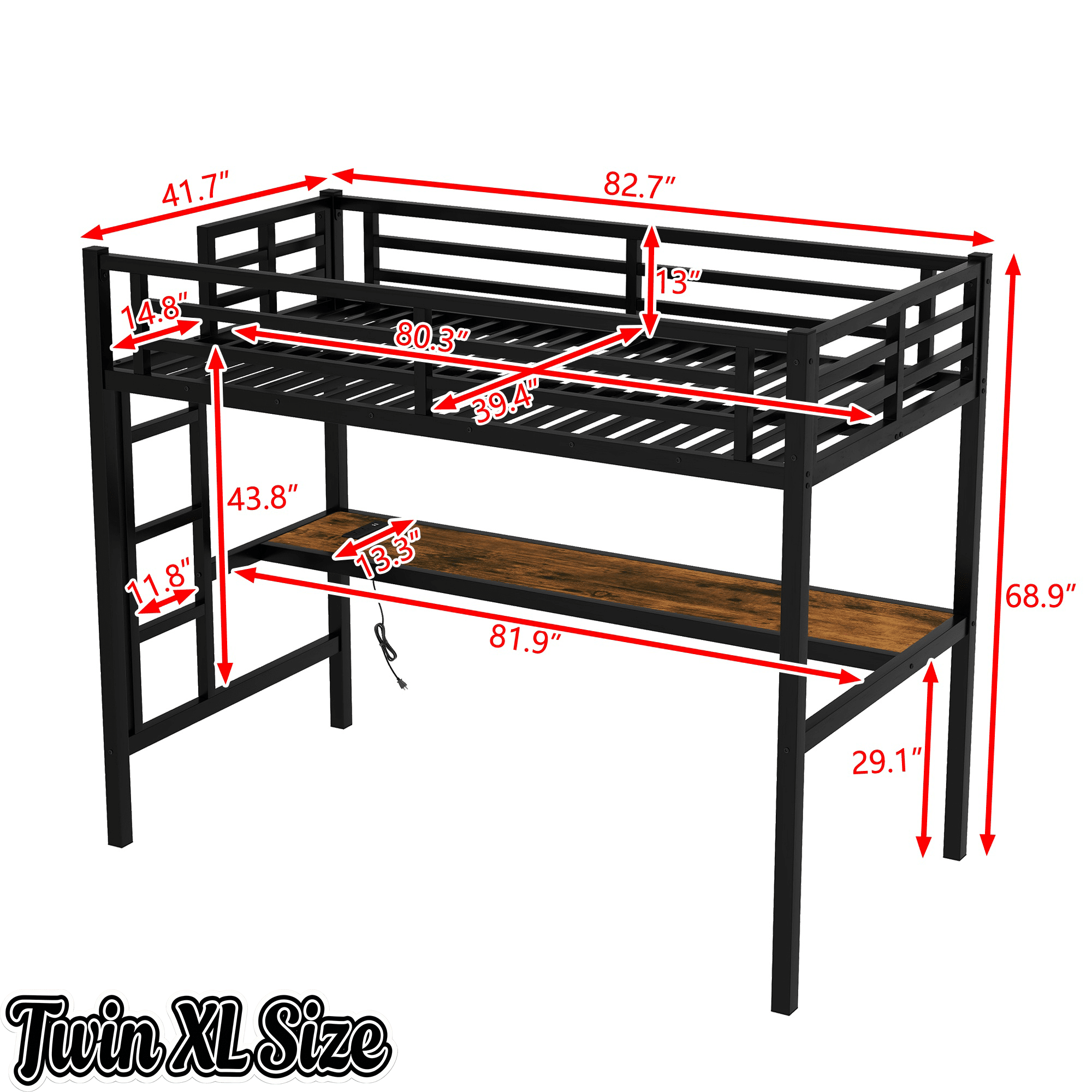 Bellemave® Twin XL Size Loft Bed with Desk, LED Lights,Charging Station, Twin XL Metal Loft Bed Frame for Adults, Kids, Teens, Black - Bellemave
