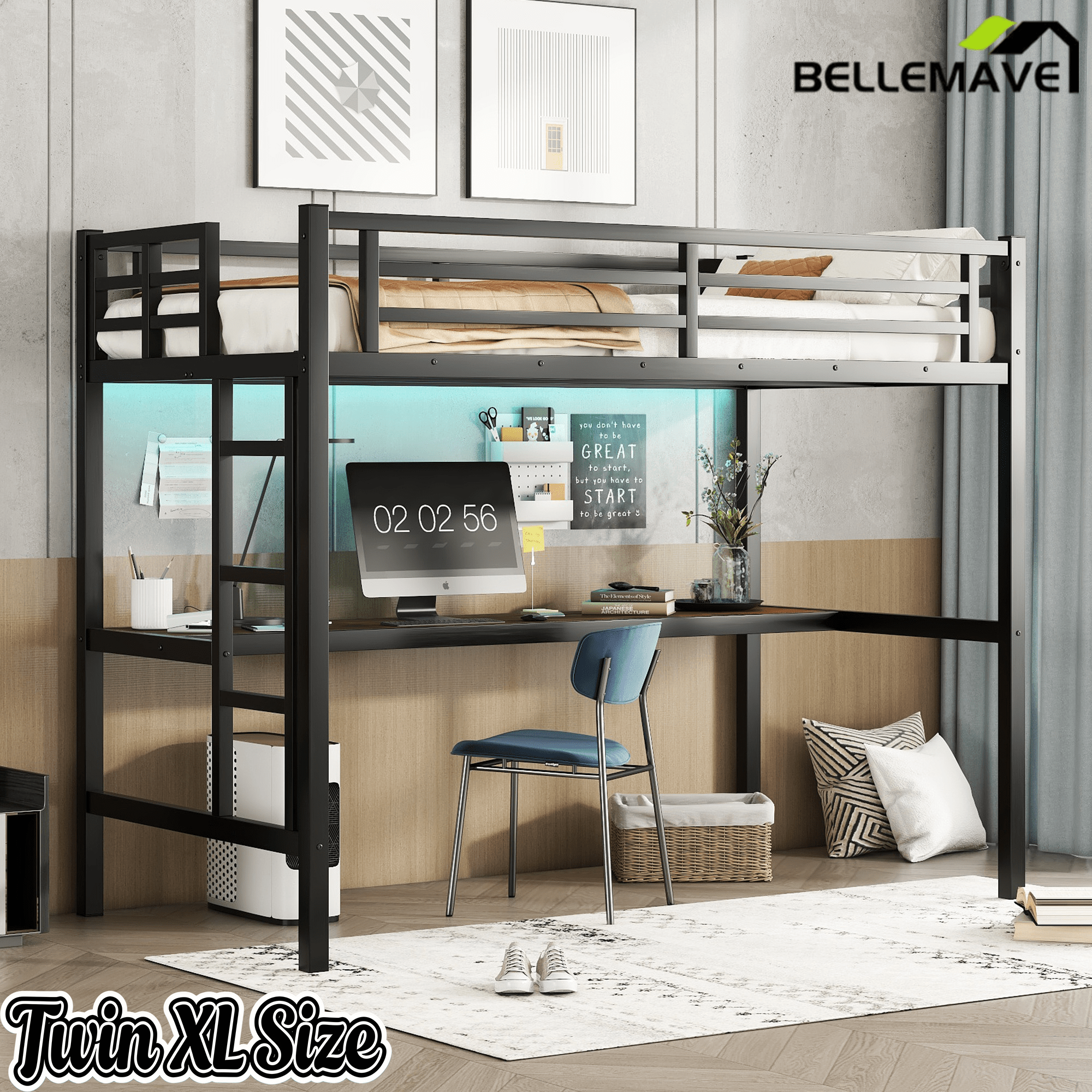 Bellemave® Twin XL Size Loft Bed with Desk, LED Lights,Charging Station, Twin XL Metal Loft Bed Frame for Adults, Kids, Teens, Black - Bellemave