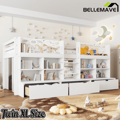 Bellemave® Twin XL Size Loft Bed with Multi - storage Shelves and Storage, Low Loft Bed with Curtain and Chalkboard, No Box Spring Needed, White - Bellemave