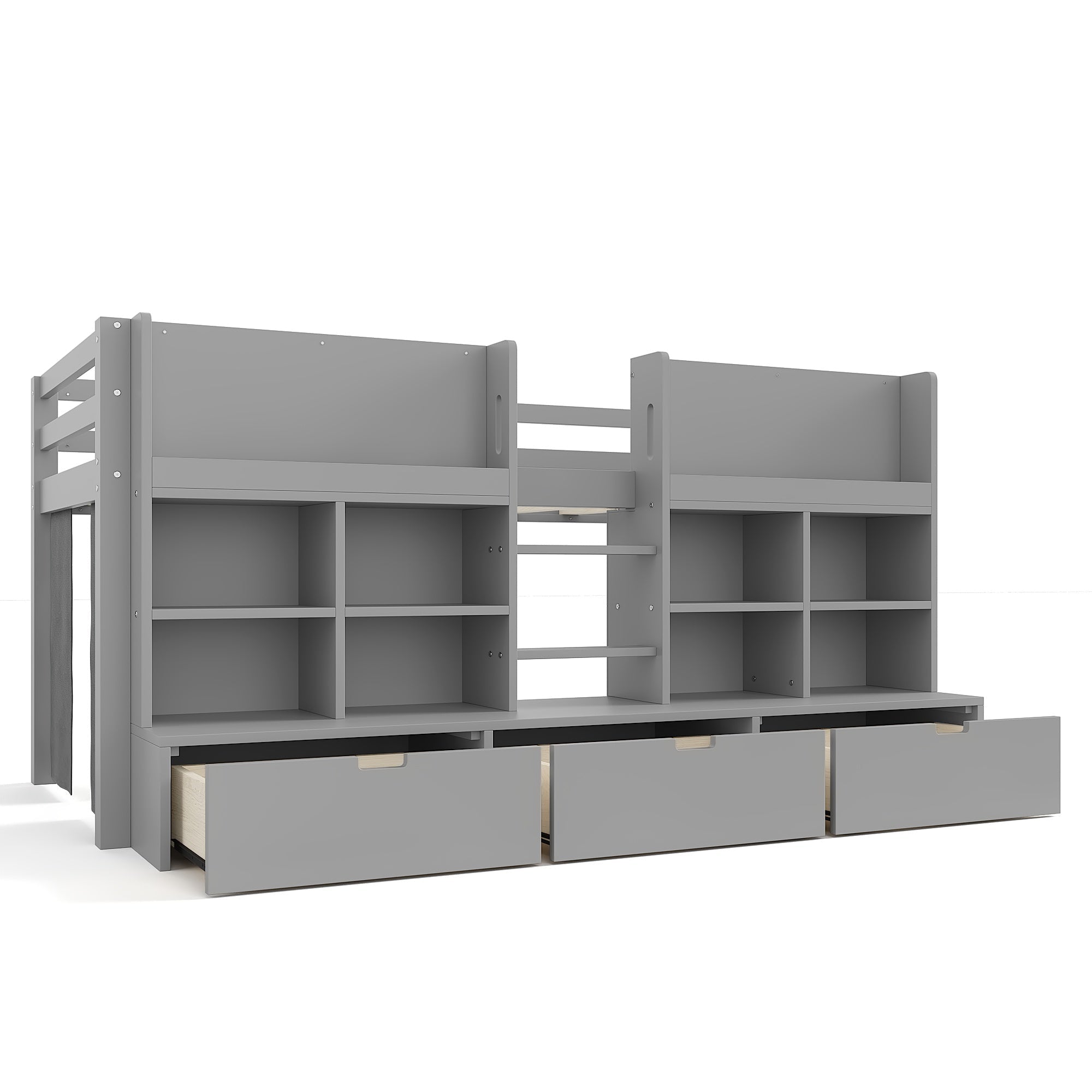 Bellemave® Twin XL Size Loft Bed with Multi - storage Shelves and Storage, Low Loft Bed with Curtain and Chalkboard, No Box Spring Needed, White - Bellemave