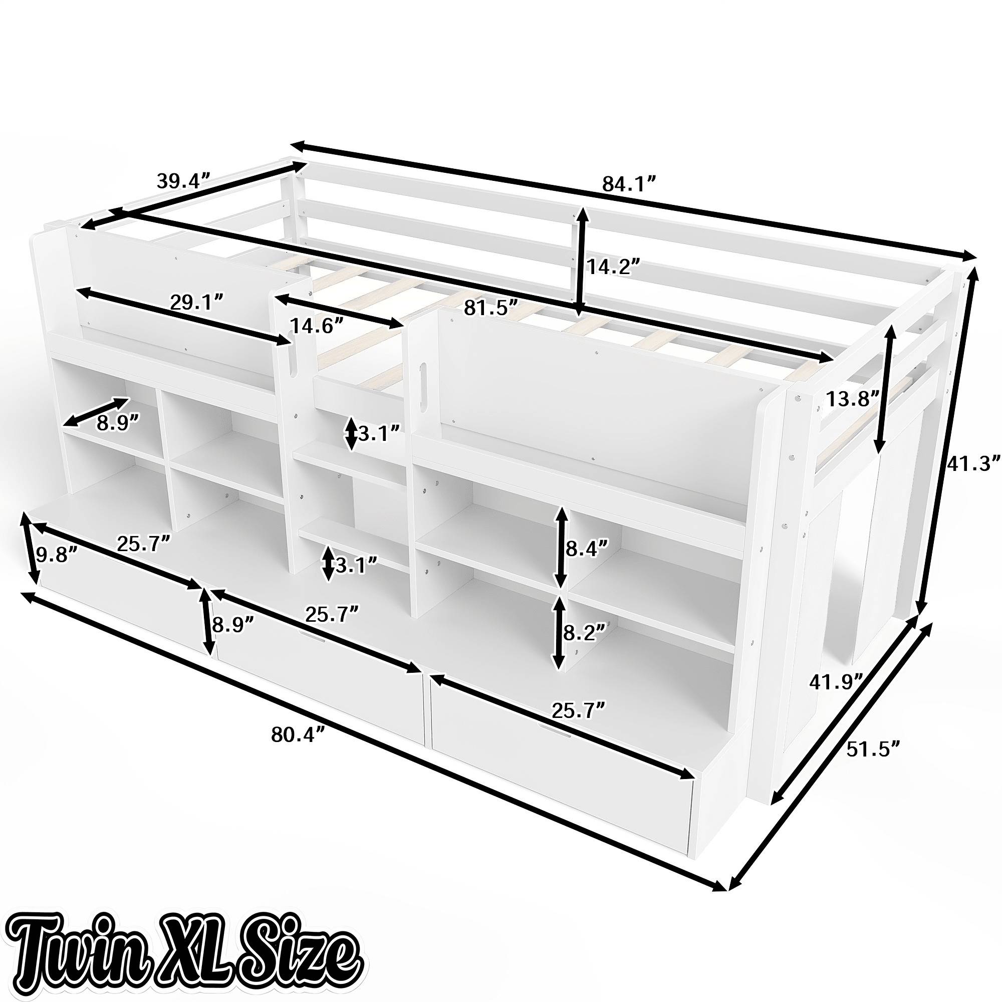 Bellemave® Twin XL Size Loft Bed with Multi - storage Shelves and Storage, Low Loft Bed with Curtain and Chalkboard, No Box Spring Needed, White - Bellemave