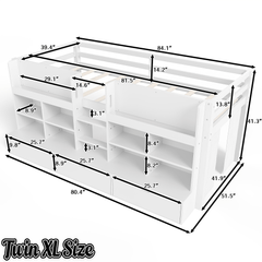 Bellemave® Twin XL Size Loft Bed with Multi - storage Shelves and Storage, Low Loft Bed with Curtain and Chalkboard, No Box Spring Needed, White - Bellemave
