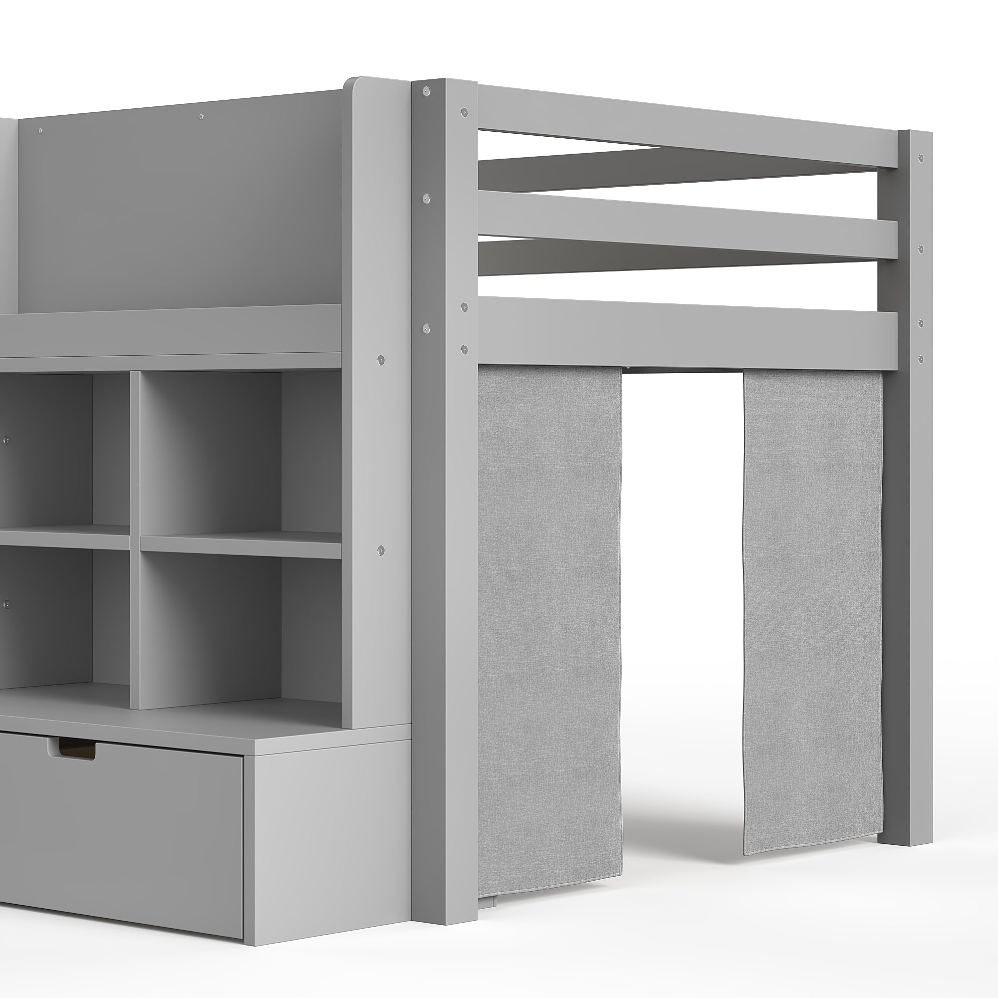 Bellemave® Twin XL Size Loft Bed with Multi - storage Shelves and Storage, Low Loft Bed with Curtain and Chalkboard, No Box Spring Needed, White - Bellemave