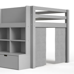 Bellemave® Twin XL Size Loft Bed with Multi - storage Shelves and Storage, Low Loft Bed with Curtain and Chalkboard, No Box Spring Needed, White - Bellemave