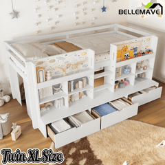 Bellemave® Twin XL Size Loft Bed with Multi - storage Shelves and Storage, Low Loft Bed with Curtain and Chalkboard, No Box Spring Needed, White - Bellemave