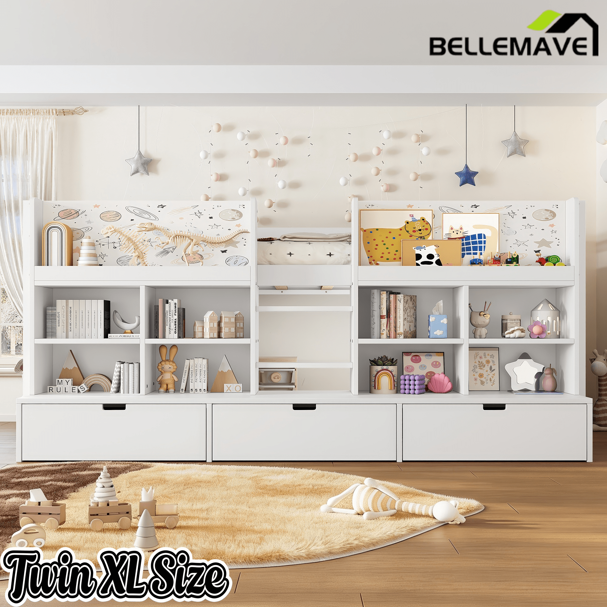 Bellemave® Twin XL Size Loft Bed with Multi - storage Shelves and Storage, Low Loft Bed with Curtain and Chalkboard, No Box Spring Needed, White - Bellemave