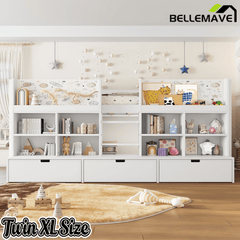 Bellemave® Twin XL Size Loft Bed with Multi - storage Shelves and Storage, Low Loft Bed with Curtain and Chalkboard, No Box Spring Needed, White - Bellemave