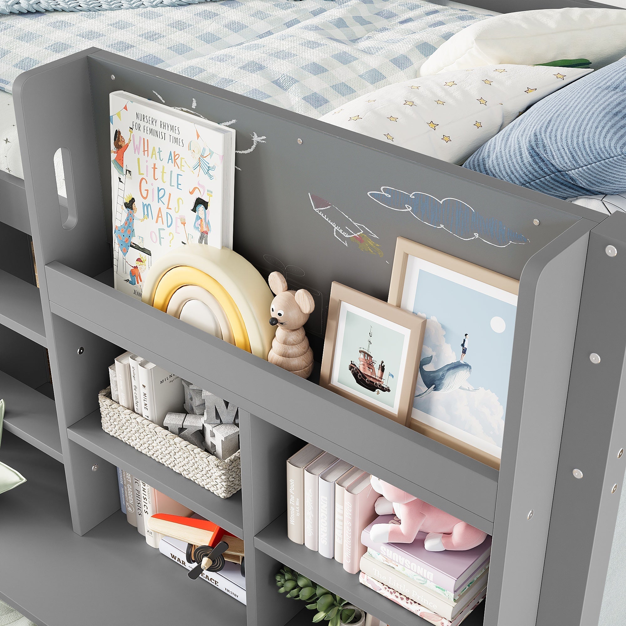 Bellemave® Twin XL Size Loft Bed with Multi - storage Shelves and Storage, Low Loft Bed with Curtain and Chalkboard, No Box Spring Needed, White - Bellemave