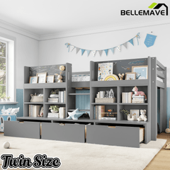 Bellemave® Twin XL Size Loft Bed with Multi - storage Shelves and Storage, Low Loft Bed with Curtain and Chalkboard, No Box Spring Needed, White - Bellemave