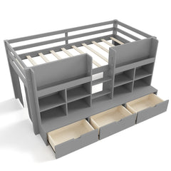Bellemave® Twin XL Size Loft Bed with Multi - storage Shelves and Storage, Low Loft Bed with Curtain and Chalkboard, No Box Spring Needed, White - Bellemave